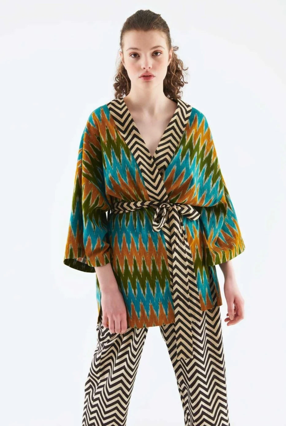 Kuşaklı Zigzag Desenli Kimono Standart Renk - 1