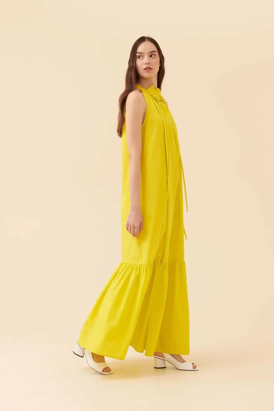 Kolsuz Uzun Elbise Sarı - 4
