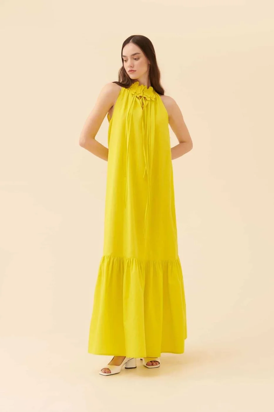 Kolsuz Uzun Elbise Sarı - 5