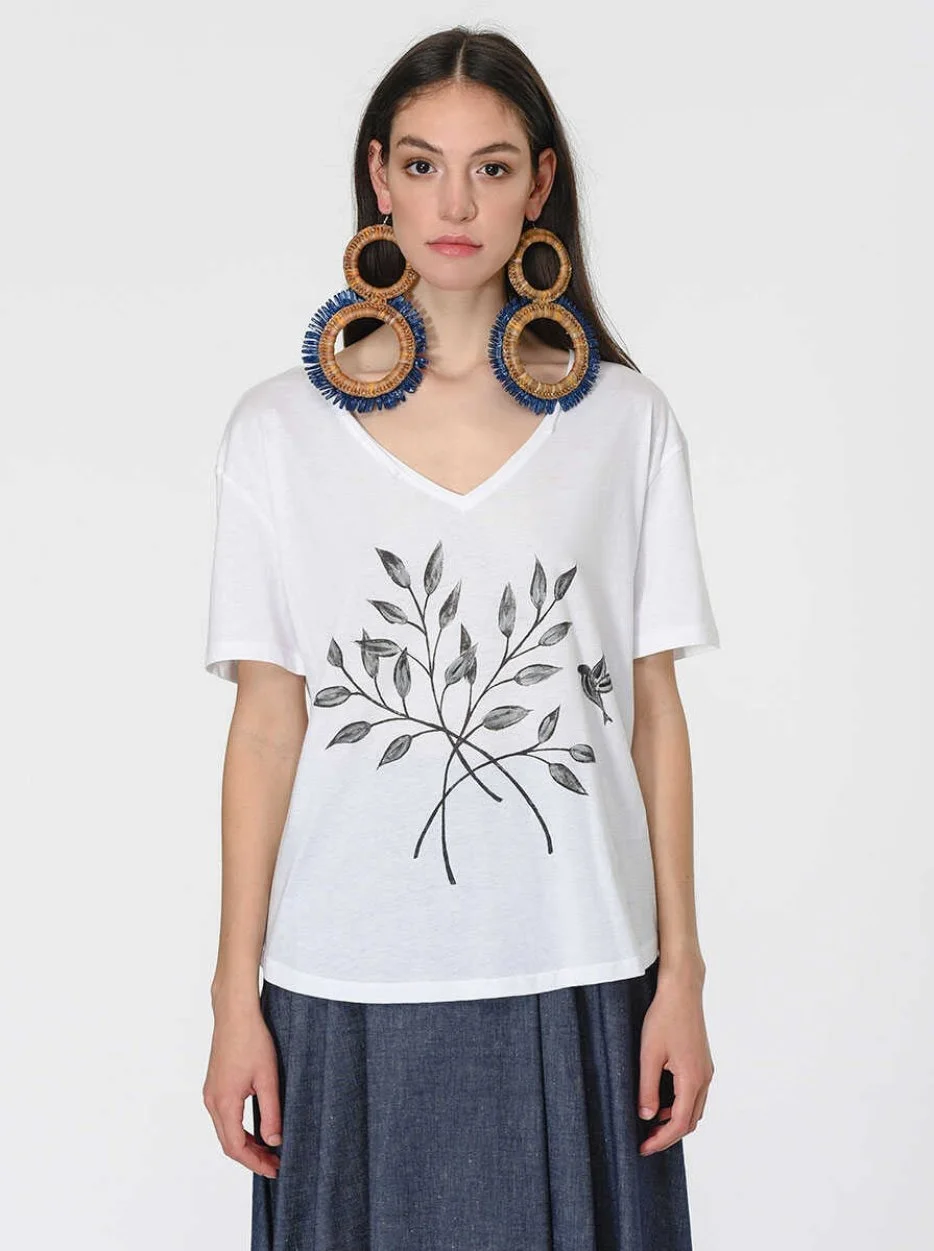 Yaprak Desenli T-Shirt Optik Beyaz - 1